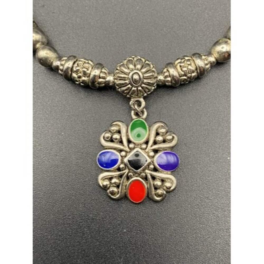 Boho Silver Tone Multi Color Cabochon Necklace Dangle Earring Set Tribal Style - Picture 5 of 10
